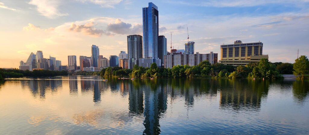 Reflection of downtown Austin on the lake